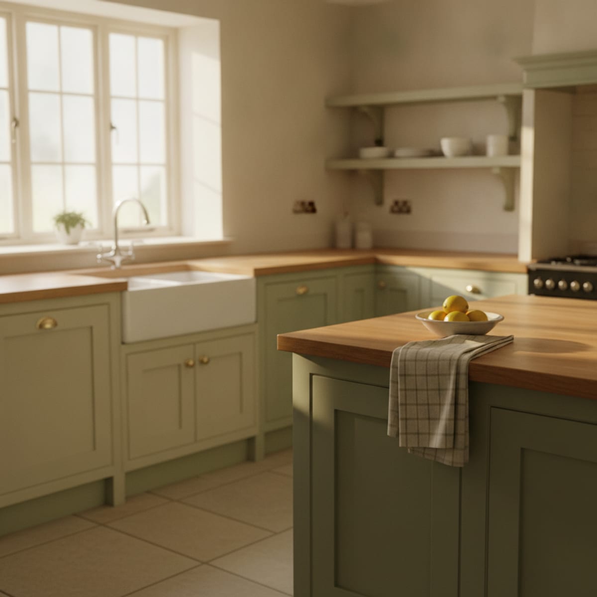 A bright, spotless sage-green kitchen